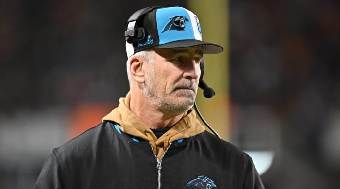 Nov 9, 2023; Chicago, Illinois, USA; Carolina Panthers head coach Frank Reich watches his team play against the Chicago Bears in the second half at Soldier Field. Mandatory Credit: Jamie Sabau-USA TODAY Sports